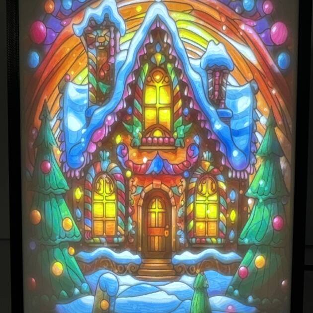 Colorful lighted lithophane of a gingerbread house with snowy roof and vibrant decorations.