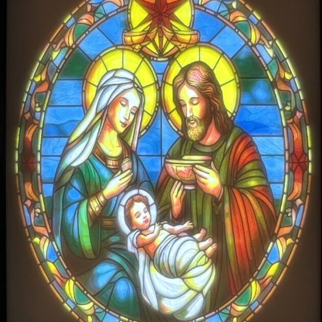 Colorful stained glass lithophane featuring the Nativity Scene with Mary, Joseph, and Baby Jesus.